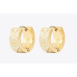 Tory Burch White and Gold T-Monogram Huggie Earrings